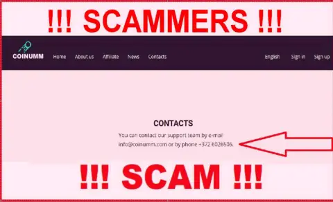 Coinumm OÜ phone number listed on the swindlers site