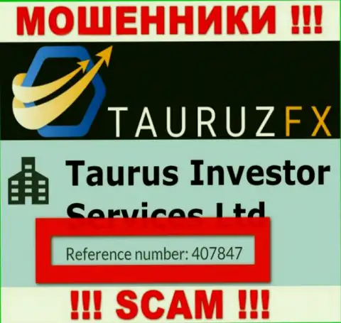 Номер регистрации, который принадлежит неправомерно действующей компании ТаурузФХ Ком: 407847