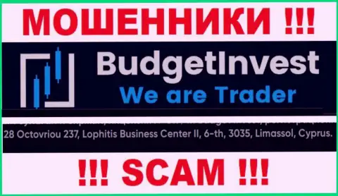 Не взаимодействуйте с конторой Budget Invest - данные интернет-махинаторы отсиживаются в оффшорной зоне по адресу: 8 Octovriou 237, Lophitis Business Center II, 6-th, 3035, Limassol, Cyprus