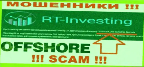 Свои противоправные махинации RT-Investing Com прокручивают с офшорной зоны, находясь по адресу: C/O LC02 504, Choc Bay, Castries, Saint Lucia