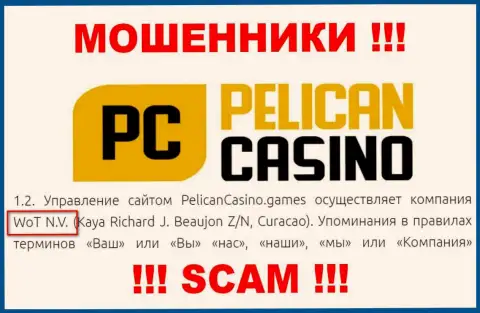Юридическое лицо конторы PelicanCasino Games - это WoT N.V.