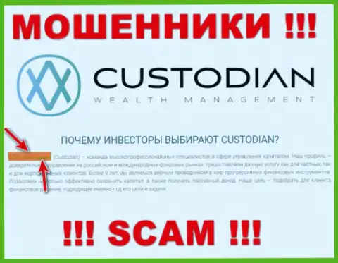 Юридическим лицом, управляющим обманщиками Custodian, является ООО Кастодиан