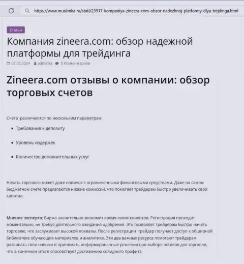 Обзор торговых счетов дилинговой организации Zinnera Com в информационном материале на web-портале muslimka ru