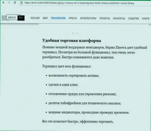 Информационная публикация о торговой платформе биржи Zinnera, на ресурсе archi ru